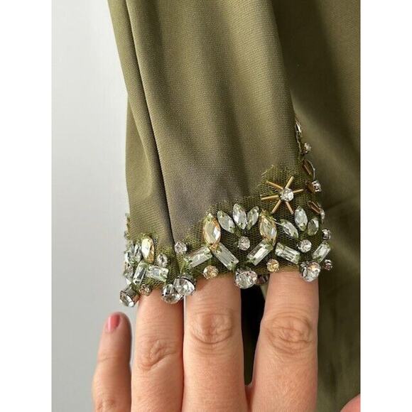 Ieena By Mac Duggal One Sleeve Beaded Cuff Side Twist Gown Dress Olive Green 8 - Picture 7 of 9